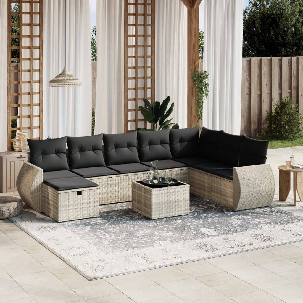 vidaXL 9-tlg. Garten-Sofagarnitur mit Kissen Hellgrau Poly Rattan
