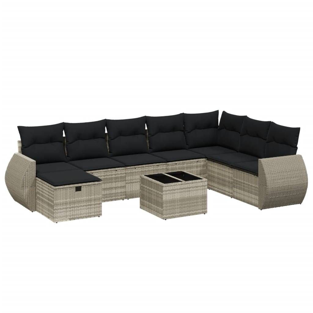 vidaXL 9-tlg. Garten-Sofagarnitur mit Kissen Hellgrau Poly Rattan
