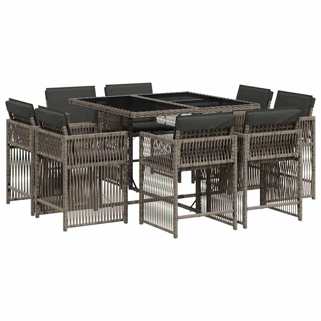 vidaXL 9-tlg. Garten-Essgruppe mit Kissen Grau Poly Rattan
