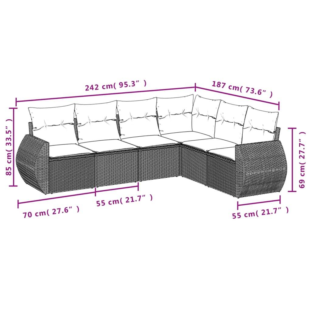 vidaXL 6-tlg. Garten-Sofagarnitur mit Kissen Hellgrau Poly Rattan