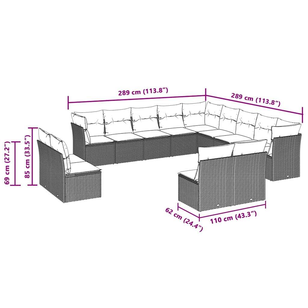 vidaXL 13-tlg. Garten-Sofagarnitur mit Kissen Hellgrau Poly Rattan
