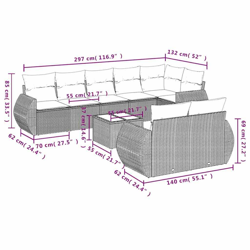 vidaXL 9-tlg. Garten-Sofagarnitur mit Kissen Hellgrau Poly Rattan
