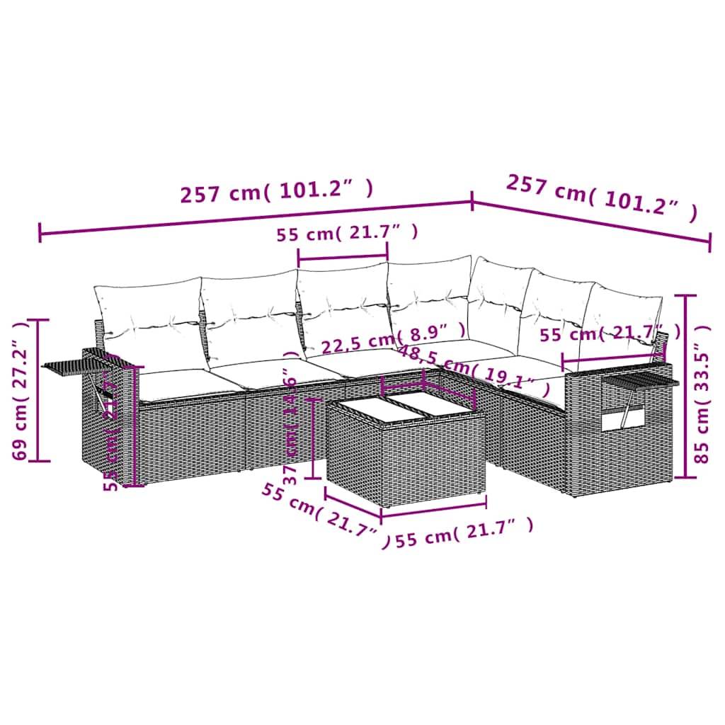 vidaXL 7-tlg. Garten-Sofagarnitur mit Kissen Hellgrau Poly Rattan