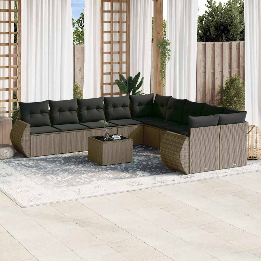 vidaXL 11-tlg. Garten-Sofagarnitur mit Kissen Hellgrau Poly Rattan