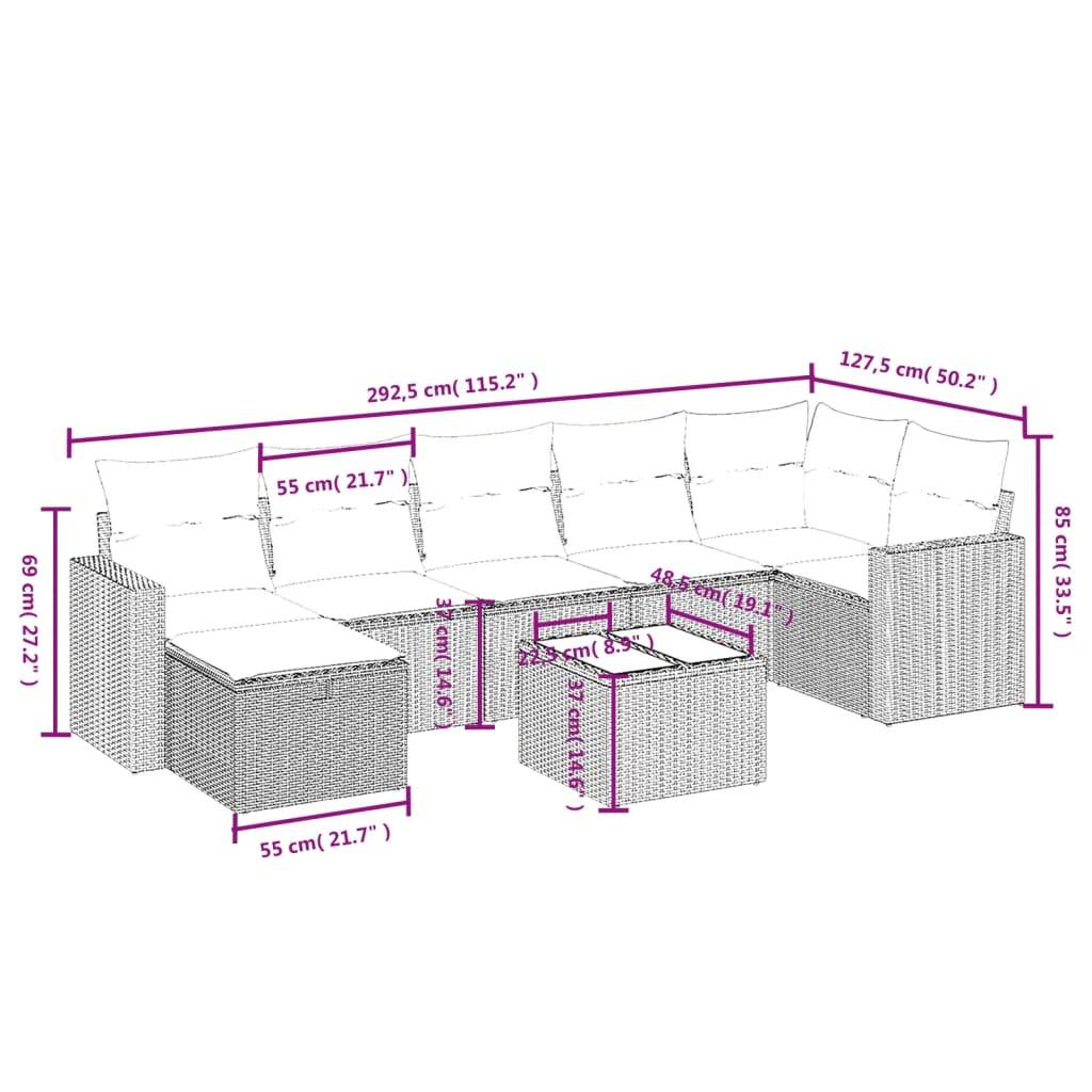 vidaXL 8-tlg. Garten-Sofagarnitur mit Kissen Hellgrau Poly Rattan
