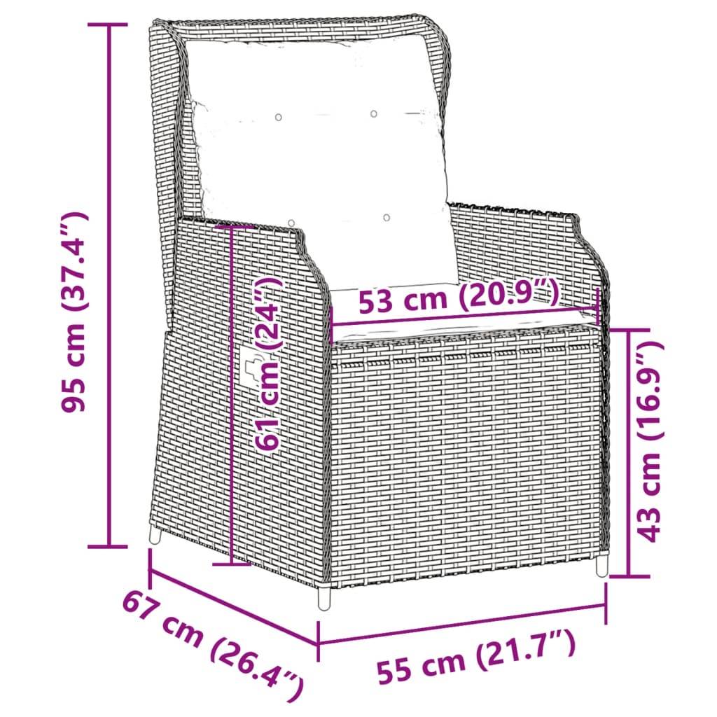 vidaXL Gartensessel mit Kissen 2 Stk. Verstellbar Braun Poly Rattan