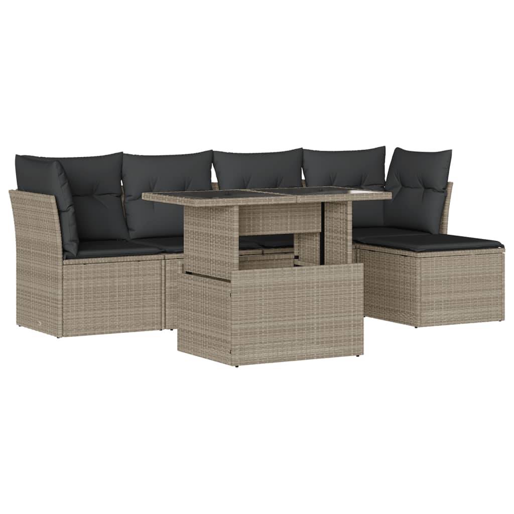 vidaXL 6-tlg. Garten-Sofagarnitur mit Kissen Hellgrau Poly Rattan