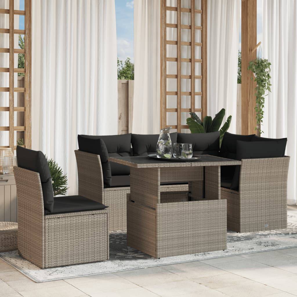 vidaXL 6-tlg. Garten-Sofagarnitur mit Kissen Hellgrau Poly Rattan