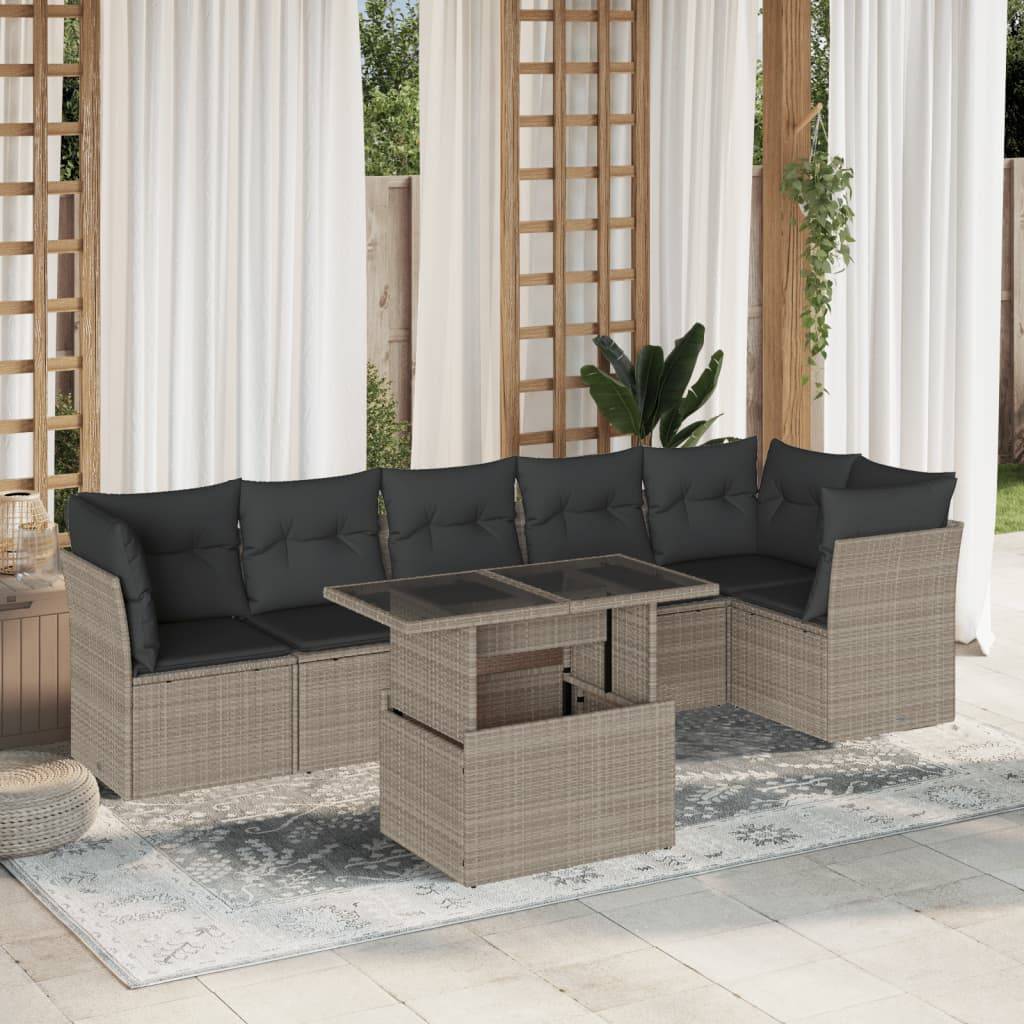 vidaXL 7-tlg. Garten-Sofagarnitur mit Kissen Hellgrau Poly Rattan