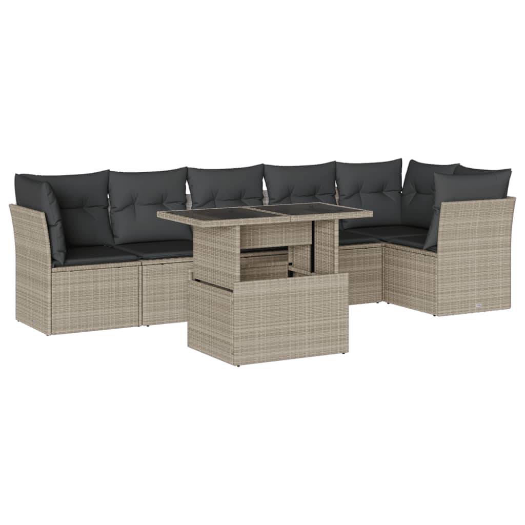 vidaXL 7-tlg. Garten-Sofagarnitur mit Kissen Hellgrau Poly Rattan