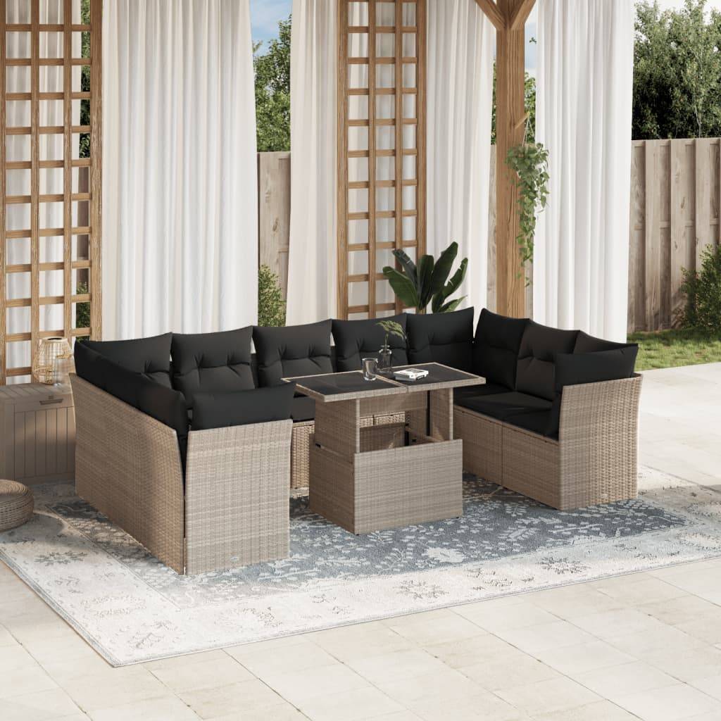 vidaXL 10-tlg. Garten-Sofagarnitur mit Kissen Hellgrau Poly Rattan