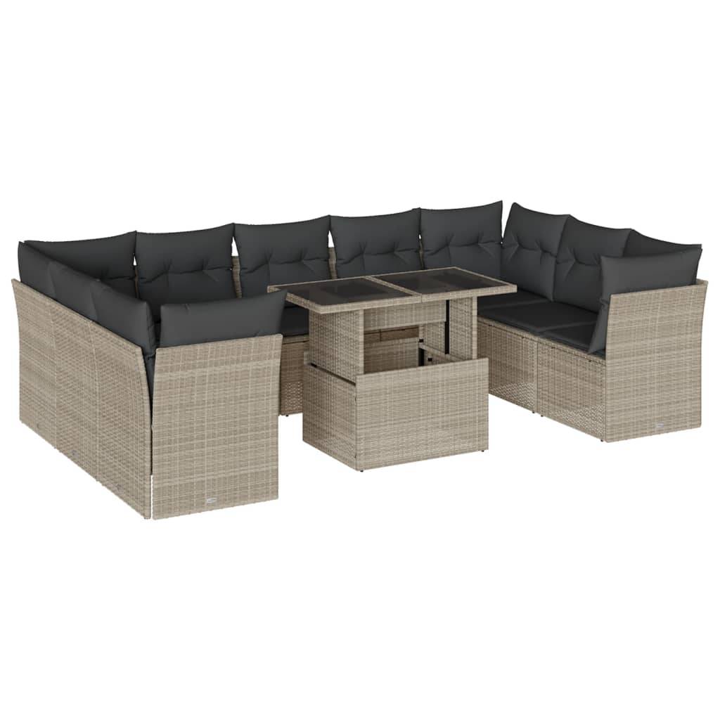 vidaXL 10-tlg. Garten-Sofagarnitur mit Kissen Hellgrau Poly Rattan