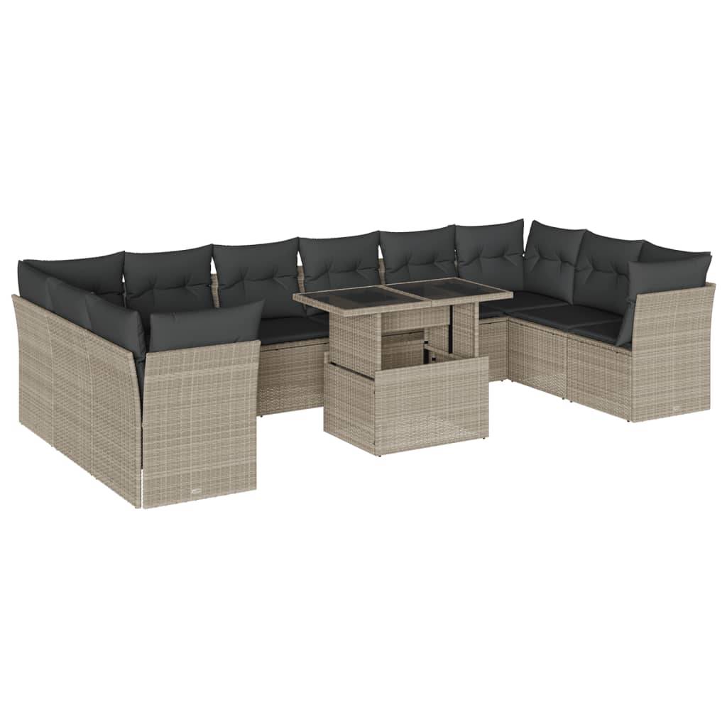 vidaXL 11-tlg. Garten-Sofagarnitur mit Kissen Hellgrau Poly Rattan