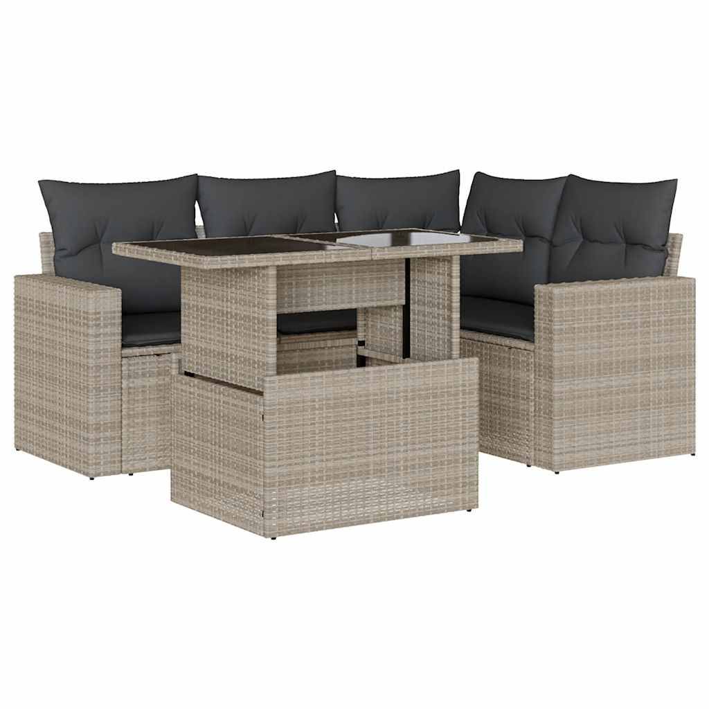 vidaXL 5-tlg. Garten-Sofagarnitur mit Kissen Hellgrau Poly Rattan