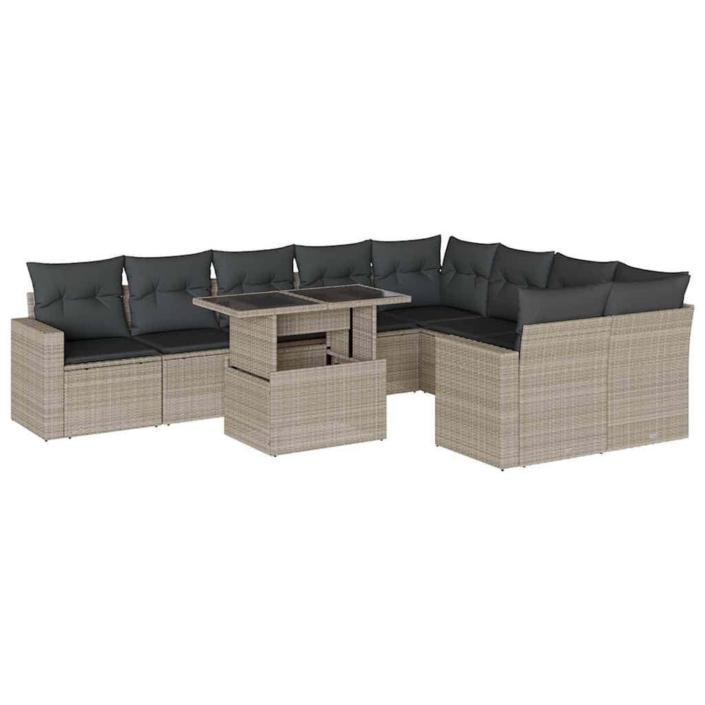 vidaXL 10-tlg. Garten-Sofagarnitur mit Kissen Hellgrau Poly Rattan