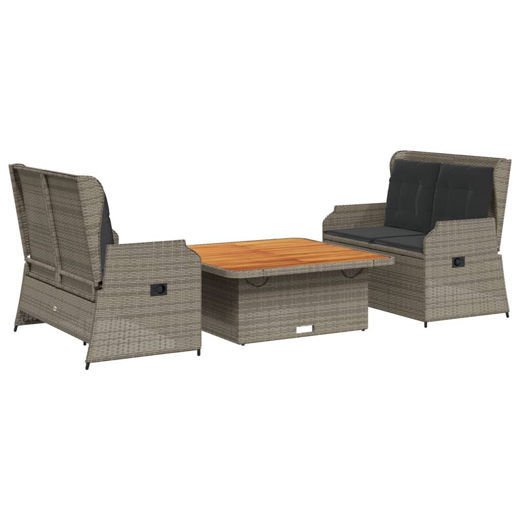 vidaXL 3-tlg. Garten-Lounge-Set mit Kissen Grau Poly Rattan