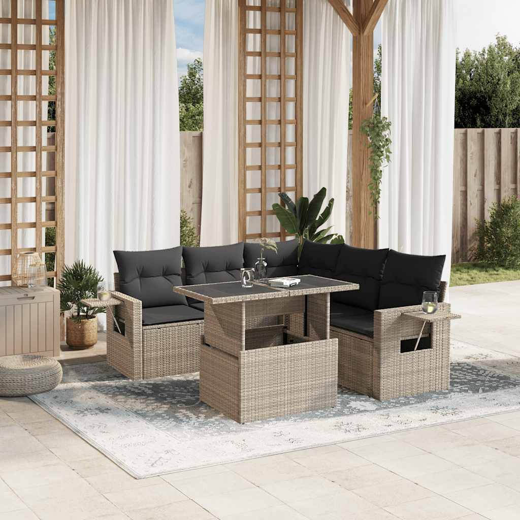 vidaXL 6-tlg. Garten-Sofagarnitur mit Kissen Hellgrau Poly Rattan