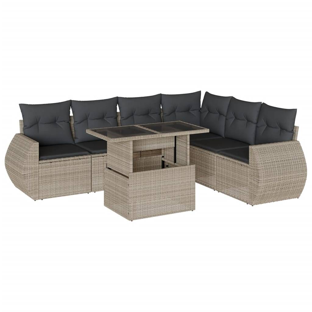 vidaXL 7-tlg. Garten-Sofagarnitur mit Kissen Hellgrau Poly Rattan