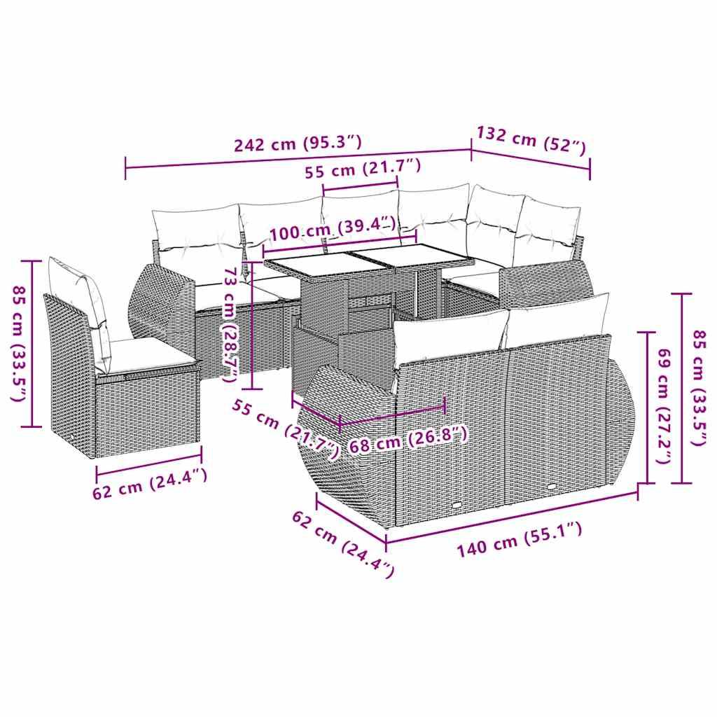 vidaXL 9-tlg. Garten-Sofagarnitur mit Kissen Hellgrau Poly Rattan