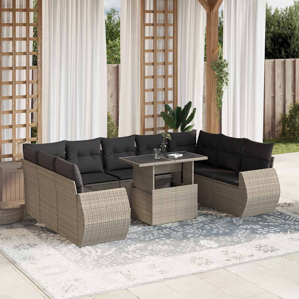 vidaXL 10-tlg. Garten-Sofagarnitur mit Kissen Hellgrau Poly Rattan