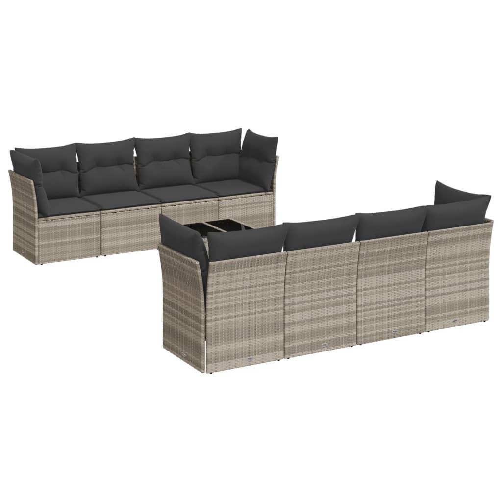 vidaXL 9-tlg. Garten-Sofagarnitur mit Kissen Hellgrau Poly Rattan