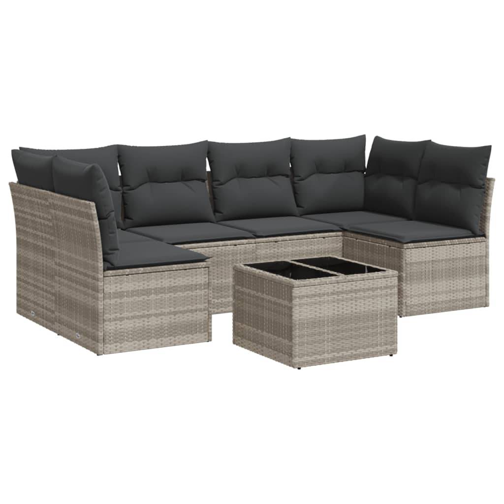 vidaXL 7-tlg. Garten-Sofagarnitur mit Kissen Hellgrau Poly Rattan