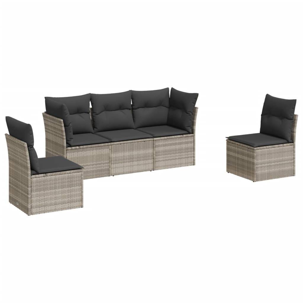 vidaXL 5-tlg. Garten-Sofagarnitur mit Kissen Hellgrau Poly Rattan