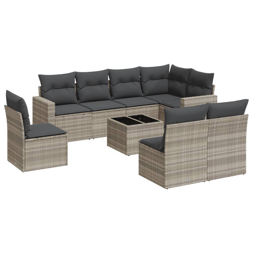 vidaXL 9-tlg. Garten-Sofagarnitur mit Kissen Hellgrau Poly Rattan