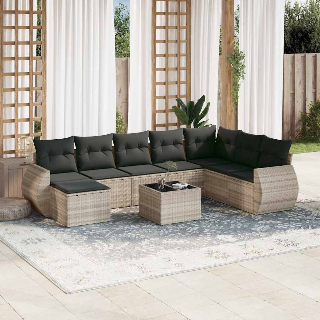 vidaXL 9-tlg. Garten-Sofagarnitur mit Kissen Hellgrau Poly Rattan