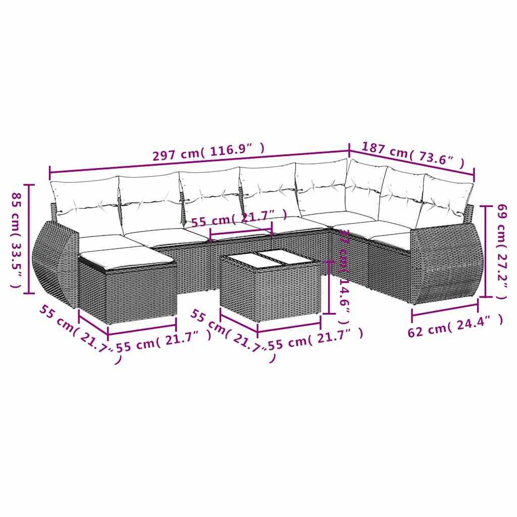 vidaXL 9-tlg. Garten-Sofagarnitur mit Kissen Hellgrau Poly Rattan