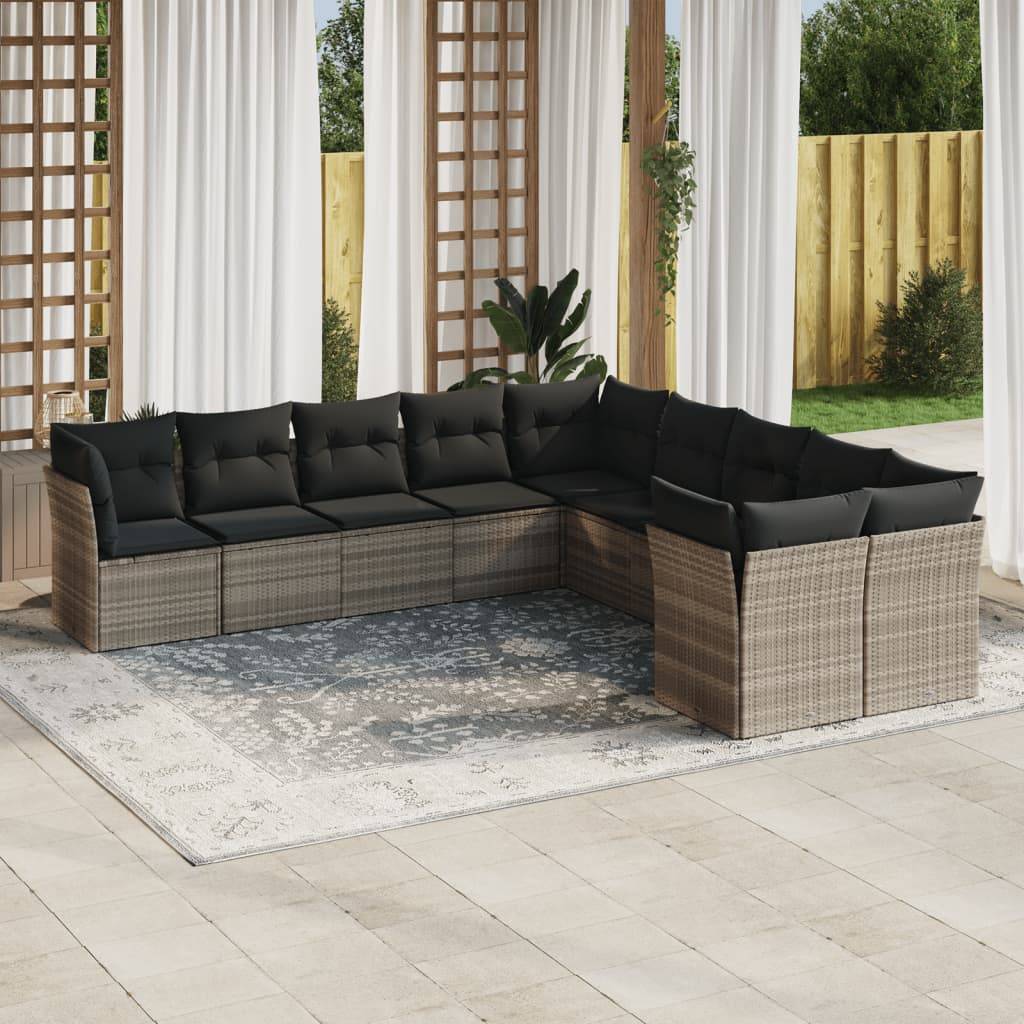 vidaXL 10-tlg. Garten-Sofagarnitur mit Kissen Hellgrau Poly Rattan