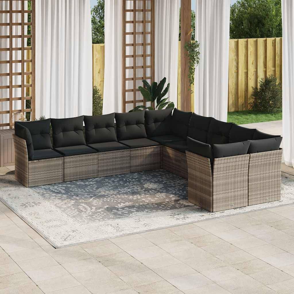 vidaXL 10-tlg. Garten-Sofagarnitur mit Kissen Hellgrau Poly Rattan