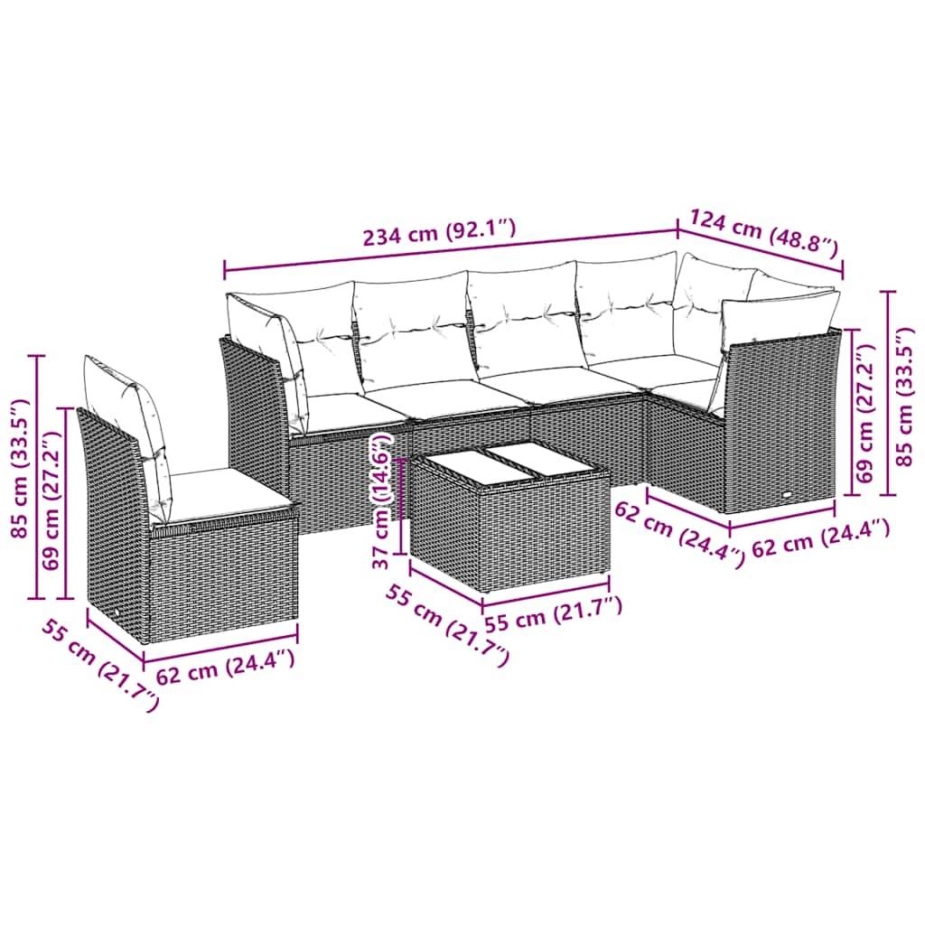 vidaXL 7-tlg. Garten-Sofagarnitur mit Kissen Hellgrau Poly Rattan