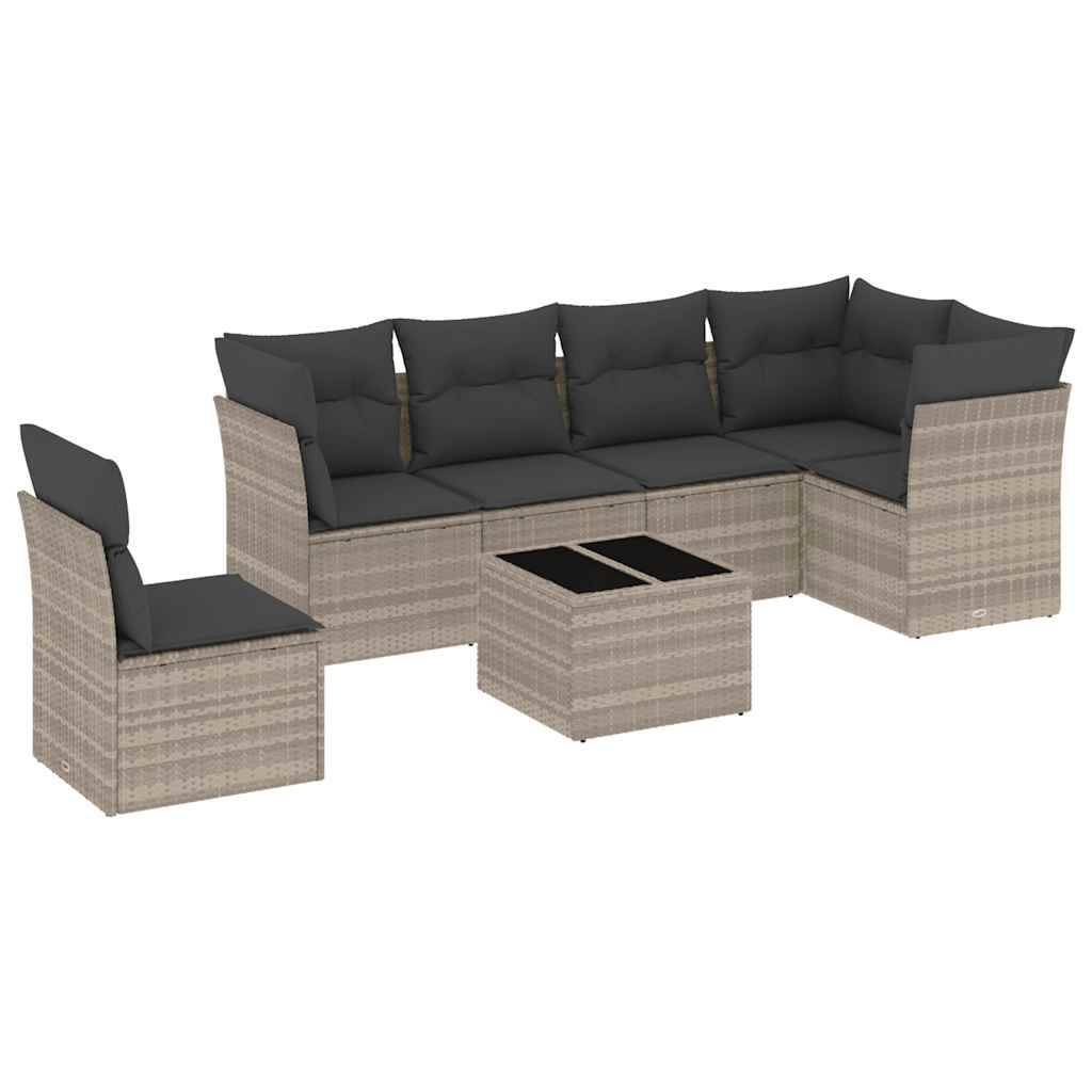 vidaXL 7-tlg. Garten-Sofagarnitur mit Kissen Hellgrau Poly Rattan