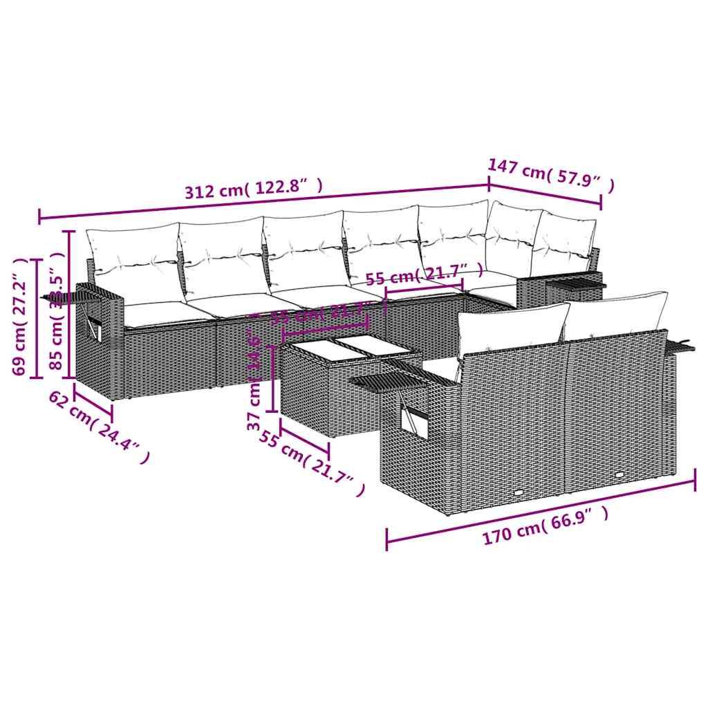 vidaXL 9-tlg. Garten-Sofagarnitur mit Kissen Hellgrau Poly Rattan