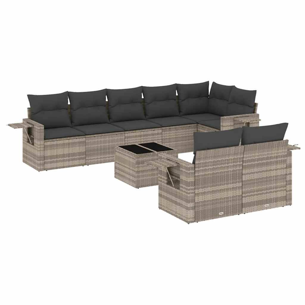 vidaXL 9-tlg. Garten-Sofagarnitur mit Kissen Hellgrau Poly Rattan