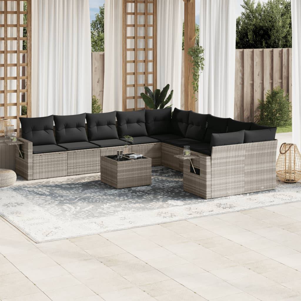 vidaXL 11-tlg. Garten-Sofagarnitur mit Kissen Hellgrau Poly Rattan