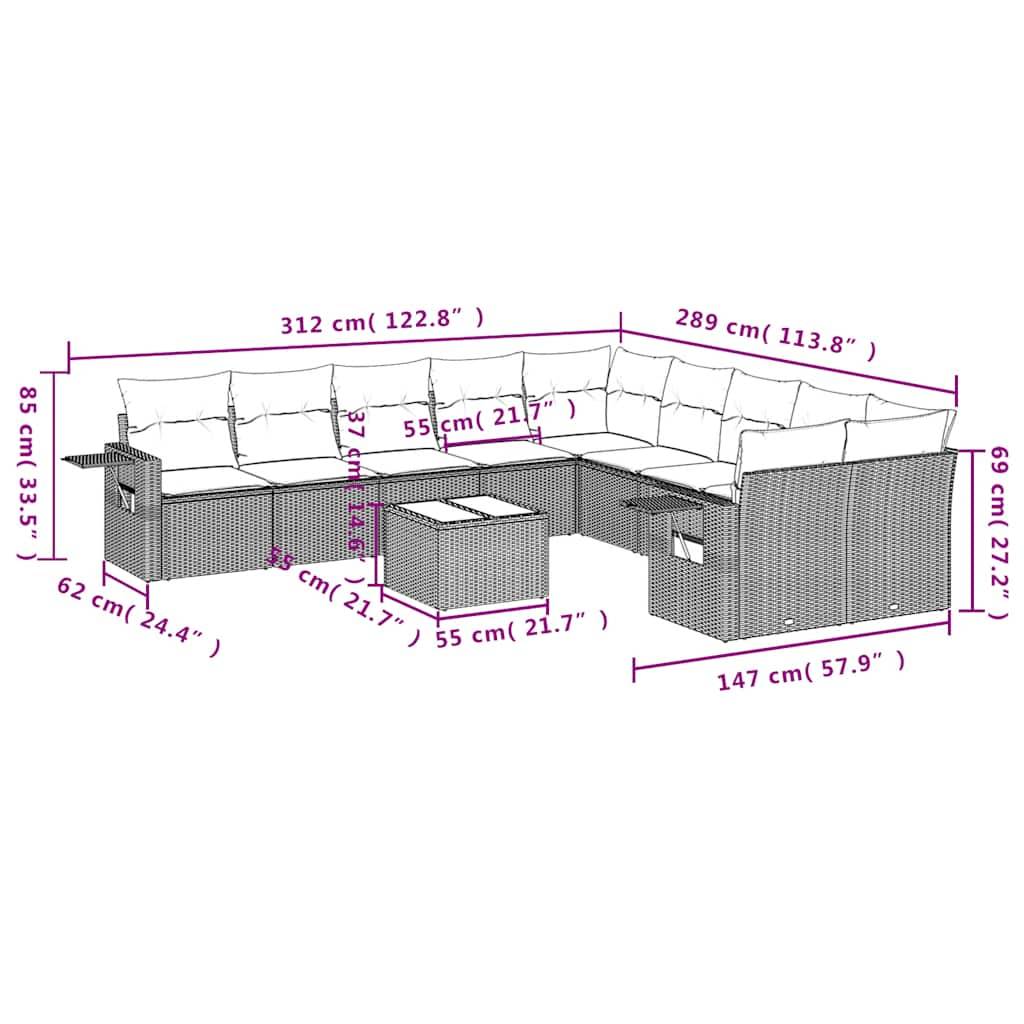 vidaXL 11-tlg. Garten-Sofagarnitur mit Kissen Hellgrau Poly Rattan