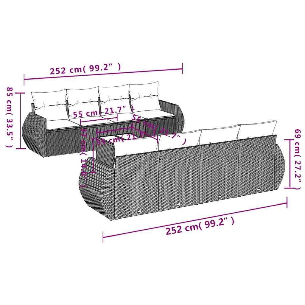 vidaXL 9-tlg. Garten-Sofagarnitur mit Kissen Hellgrau Poly Rattan