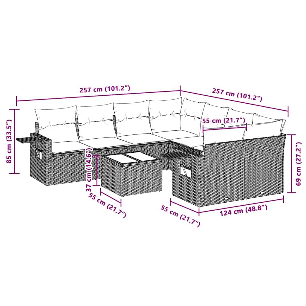 vidaXL 9-tlg. Garten-Sofagarnitur mit Kissen Hellgrau Poly Rattan
