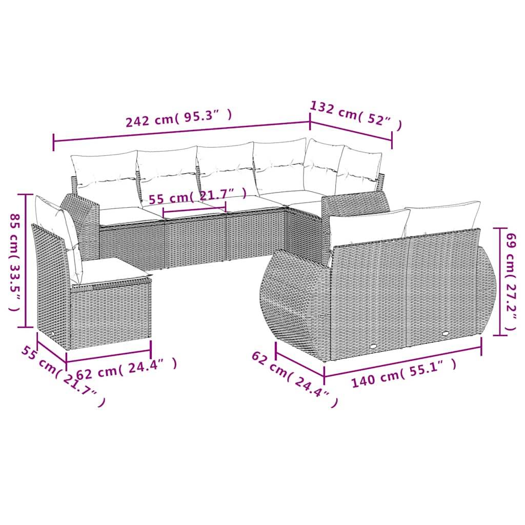 vidaXL 8-tlg. Garten-Sofagarnitur mit Kissen Hellgrau Poly Rattan
