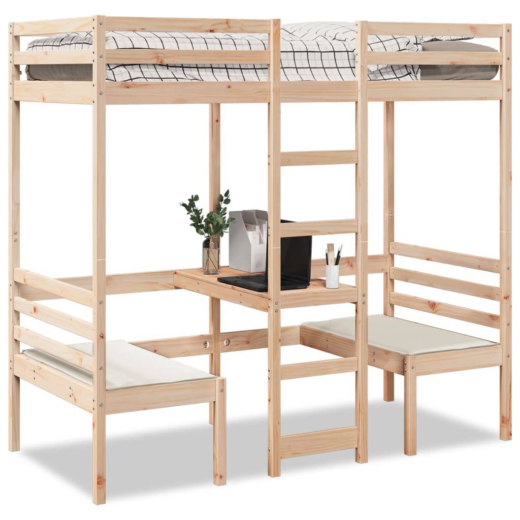 vidaXL Hochbett mit Schreibtisch & Stühlen 90x190 cm Massivholz Kiefer