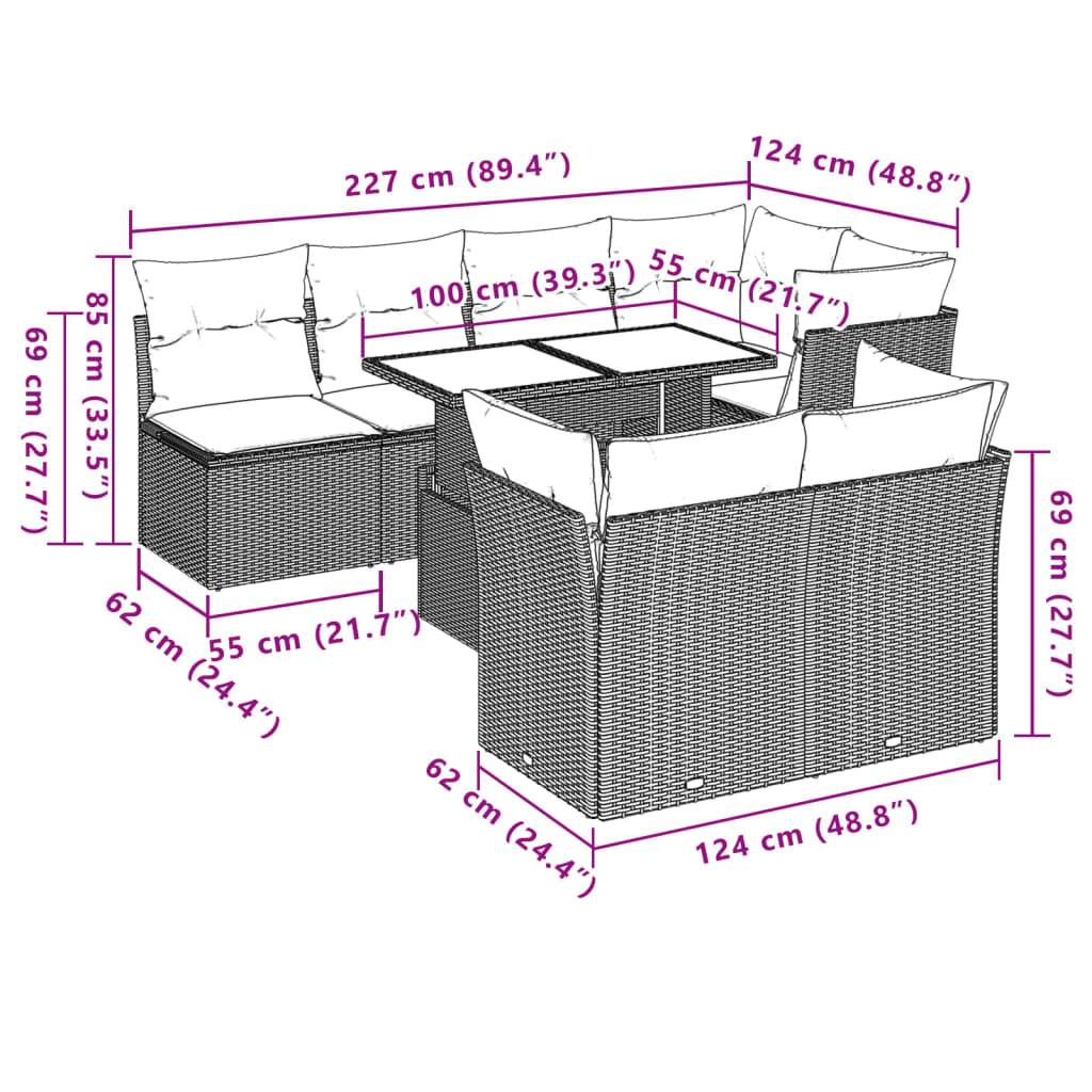vidaXL 8-tlg. Garten-Sofagarnitur mit Kissen Hellgrau Poly Rattan