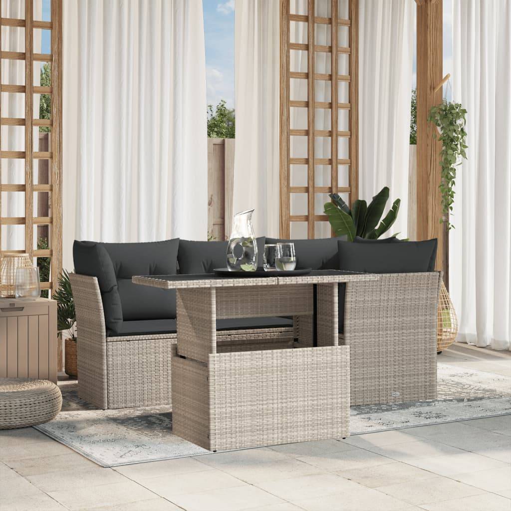 vidaXL 5-tlg. Garten-Sofagarnitur mit Kissen Hellgrau Poly Rattan