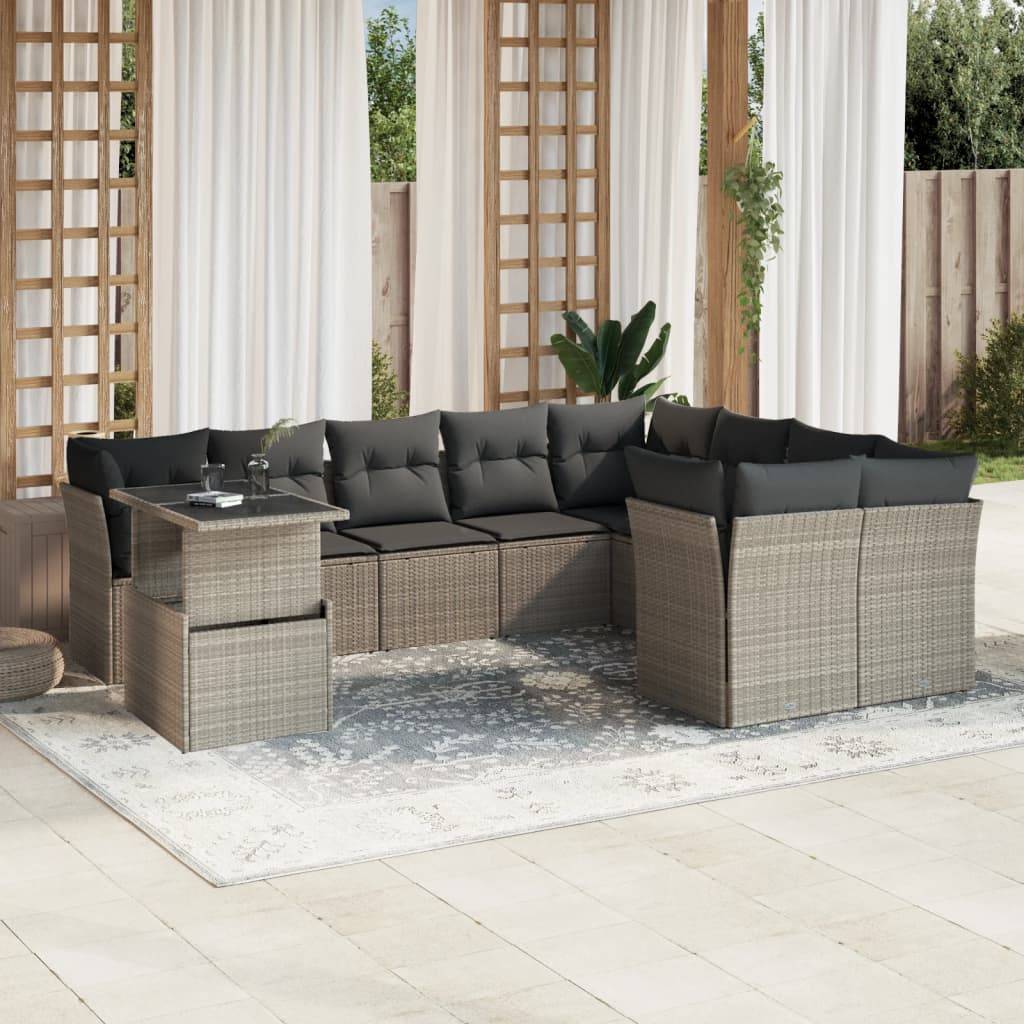 vidaXL 10-tlg. Garten-Sofagarnitur mit Kissen Hellgrau Poly Rattan