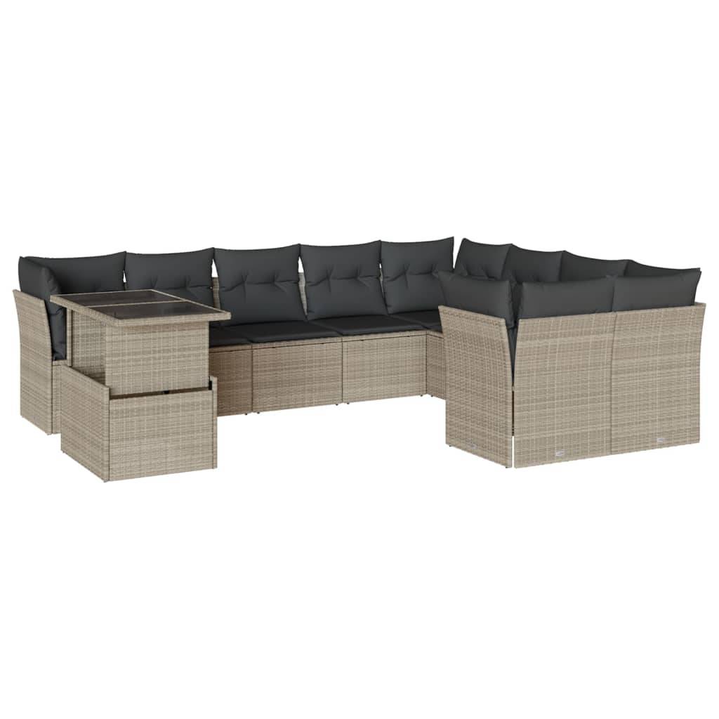 vidaXL 10-tlg. Garten-Sofagarnitur mit Kissen Hellgrau Poly Rattan