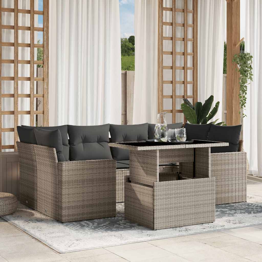 vidaXL 7-tlg. Garten-Sofagarnitur mit Kissen Hellgrau Poly Rattan