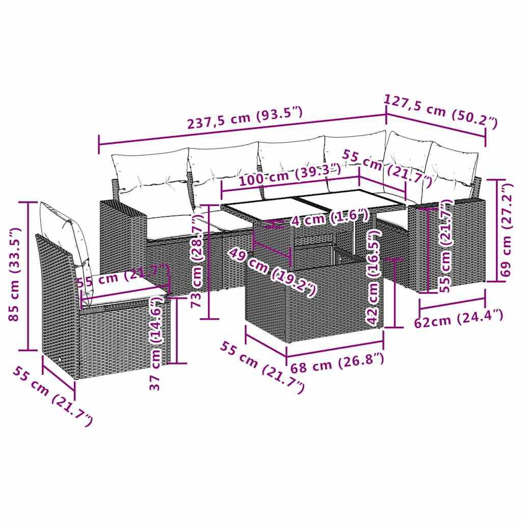 vidaXL 7-tlg. Garten-Sofagarnitur mit Kissen Hellgrau Poly Rattan