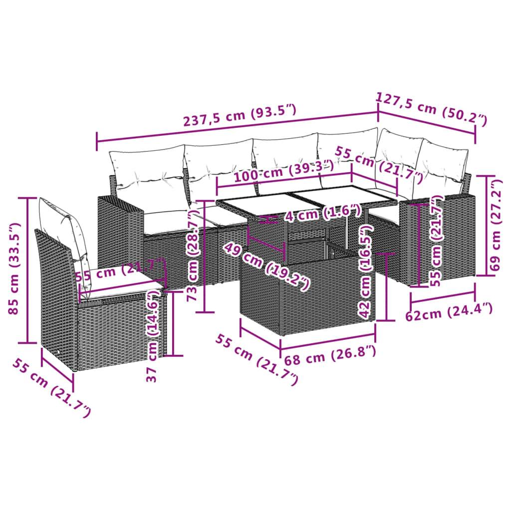 vidaXL 7-tlg. Garten-Sofagarnitur mit Kissen Braun Poly Rattan