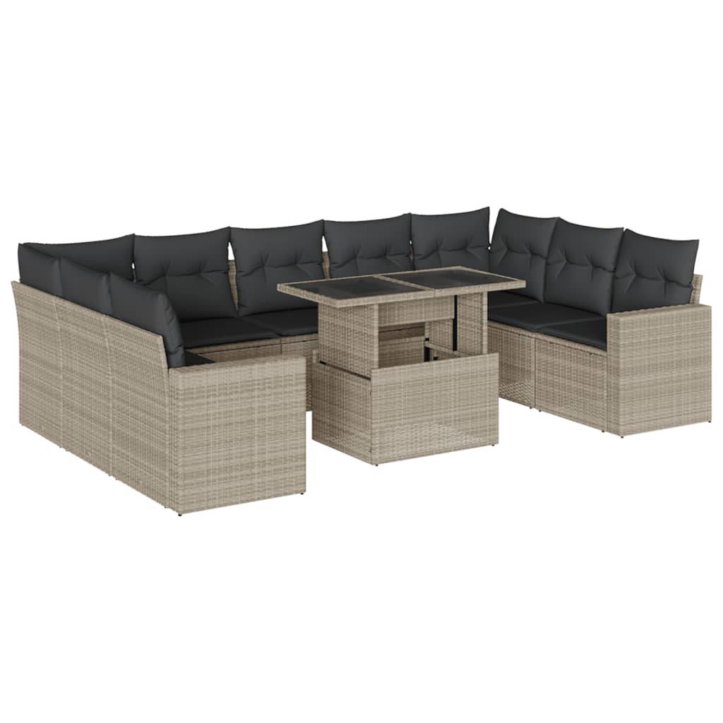 vidaXL 10-tlg. Garten-Sofagarnitur mit Kissen Hellgrau Poly Rattan